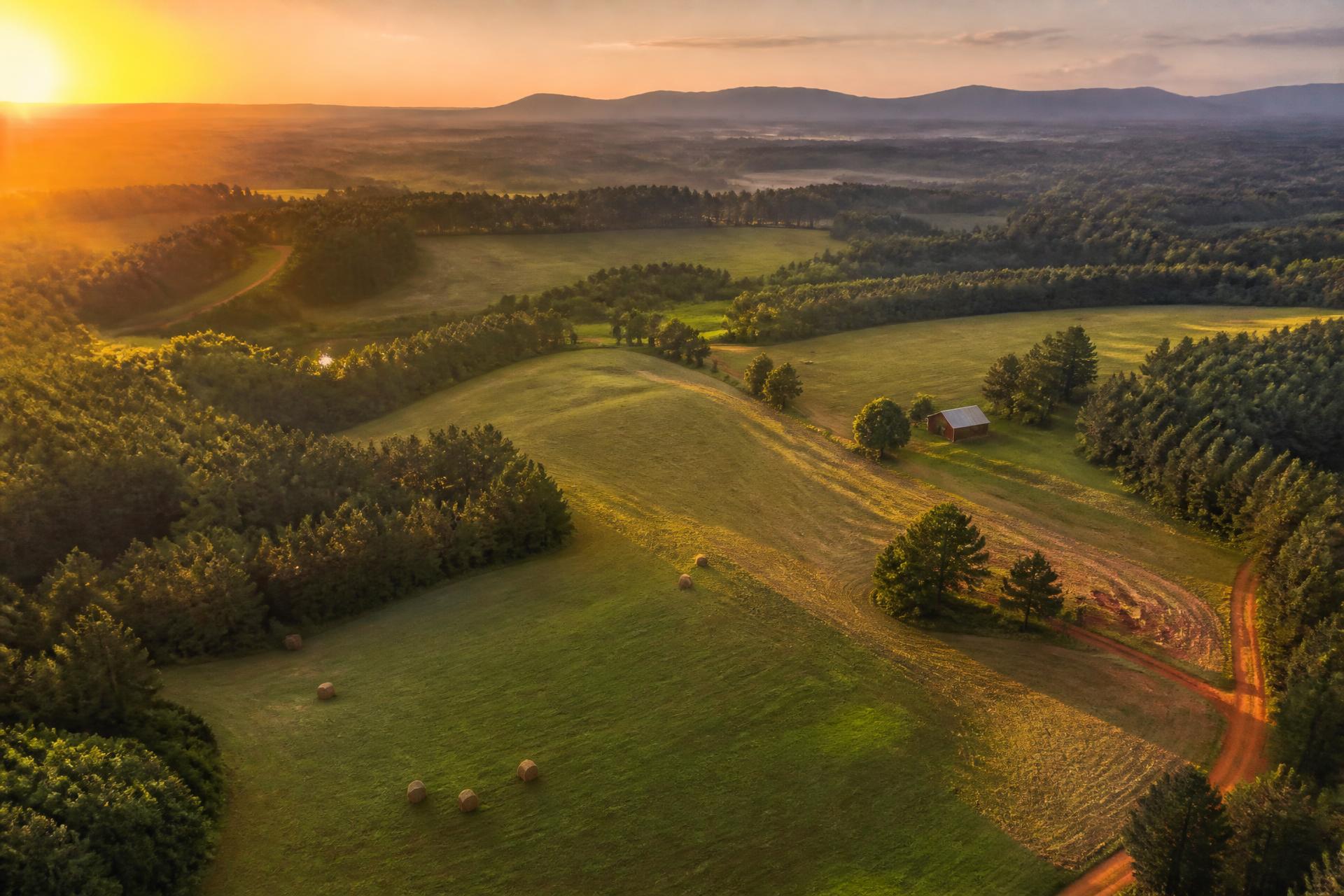 Aerial view of rolling Carolina Piedmont farmland at sunrise